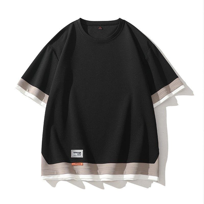 Japanese Style Color Block Fake Layered Short Sleeve T-Shirt – Oversized Streetwear Look by LUXE AHMAR – Available at LUXE AHMAR