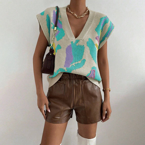 Knitted V - Neck Jacquard Vest – Floral Pattern Pullover Sweater for Women by LUXE AHMAR – Available at LUXE AHMAR