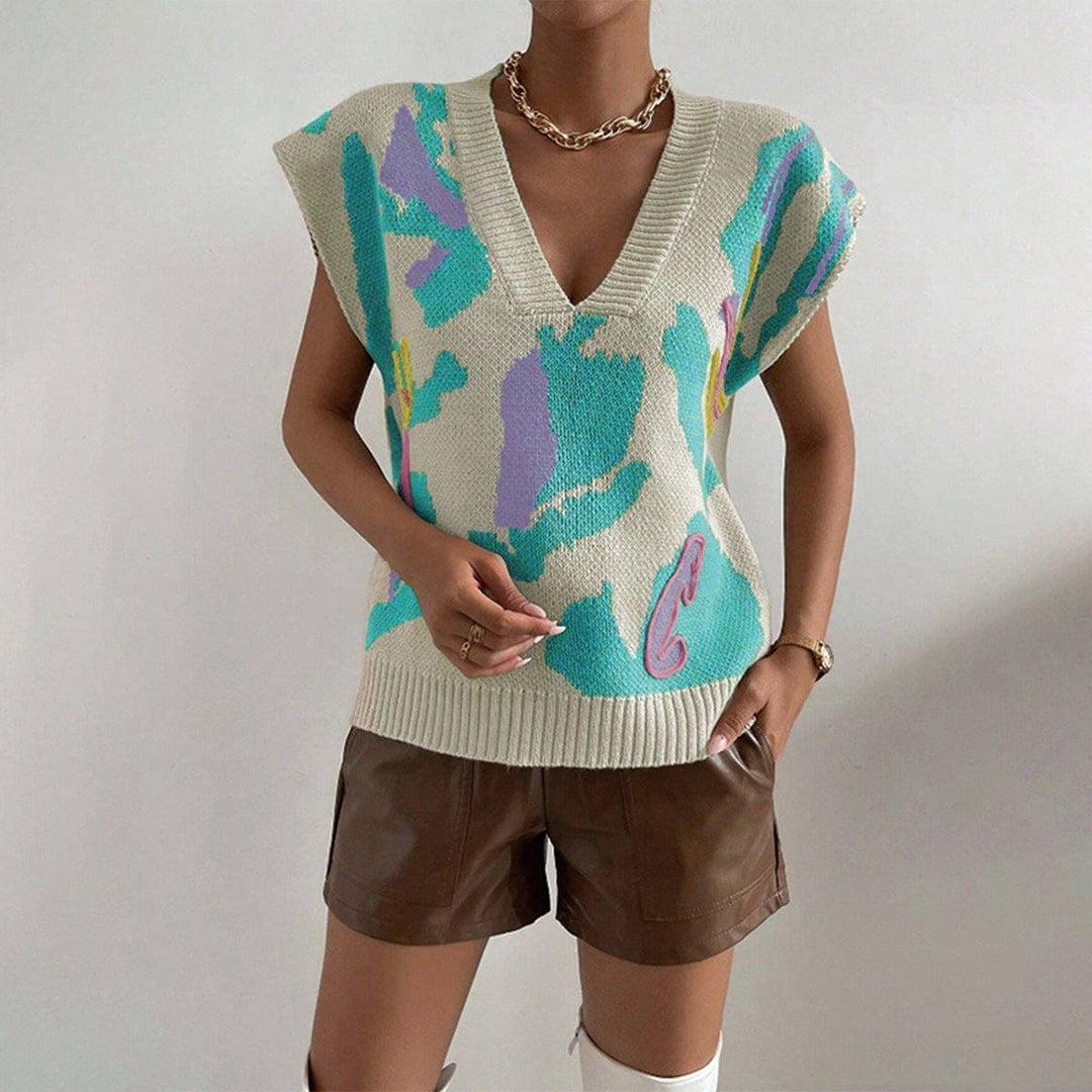 Knitted V - Neck Jacquard Vest – Floral Pattern Pullover Sweater for Women by LUXE AHMAR – Available at LUXE AHMAR