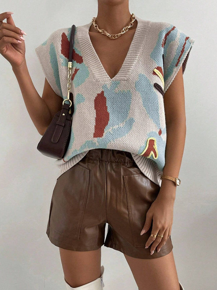 Knitted V - Neck Jacquard Vest – Floral Pattern Pullover Sweater for Women by LUXE AHMAR – Available at LUXE AHMAR