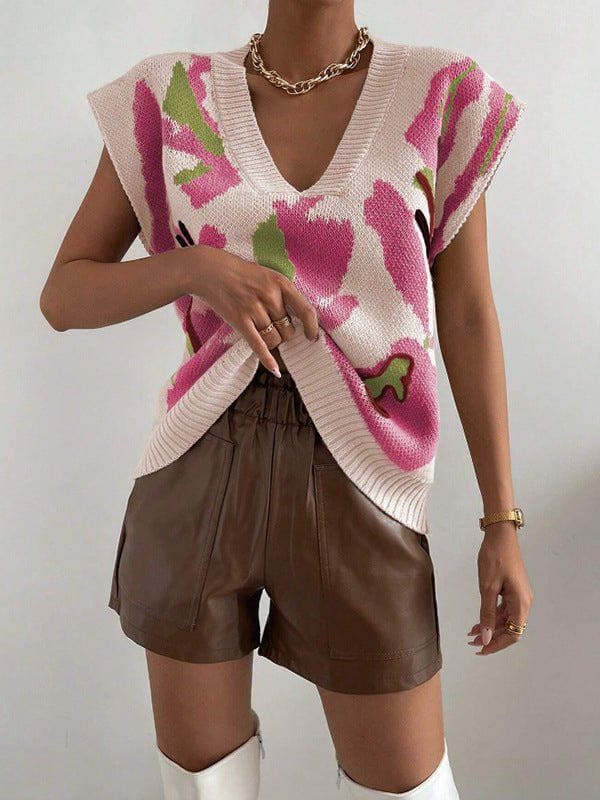 Knitted V - Neck Jacquard Vest – Floral Pattern Pullover Sweater for Women by LUXE AHMAR – Available at LUXE AHMAR