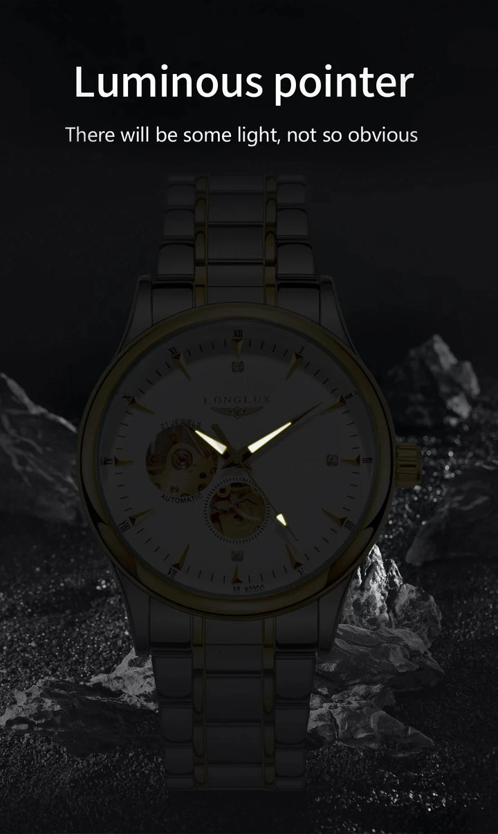 LONGLUX 8020GJ Men's Skeleton Automatic Mechanical Watch – Luxury Stainless Steel Waterproof Business Gift Watch by Luxe Ahmar – Available at LUXE AHMAR