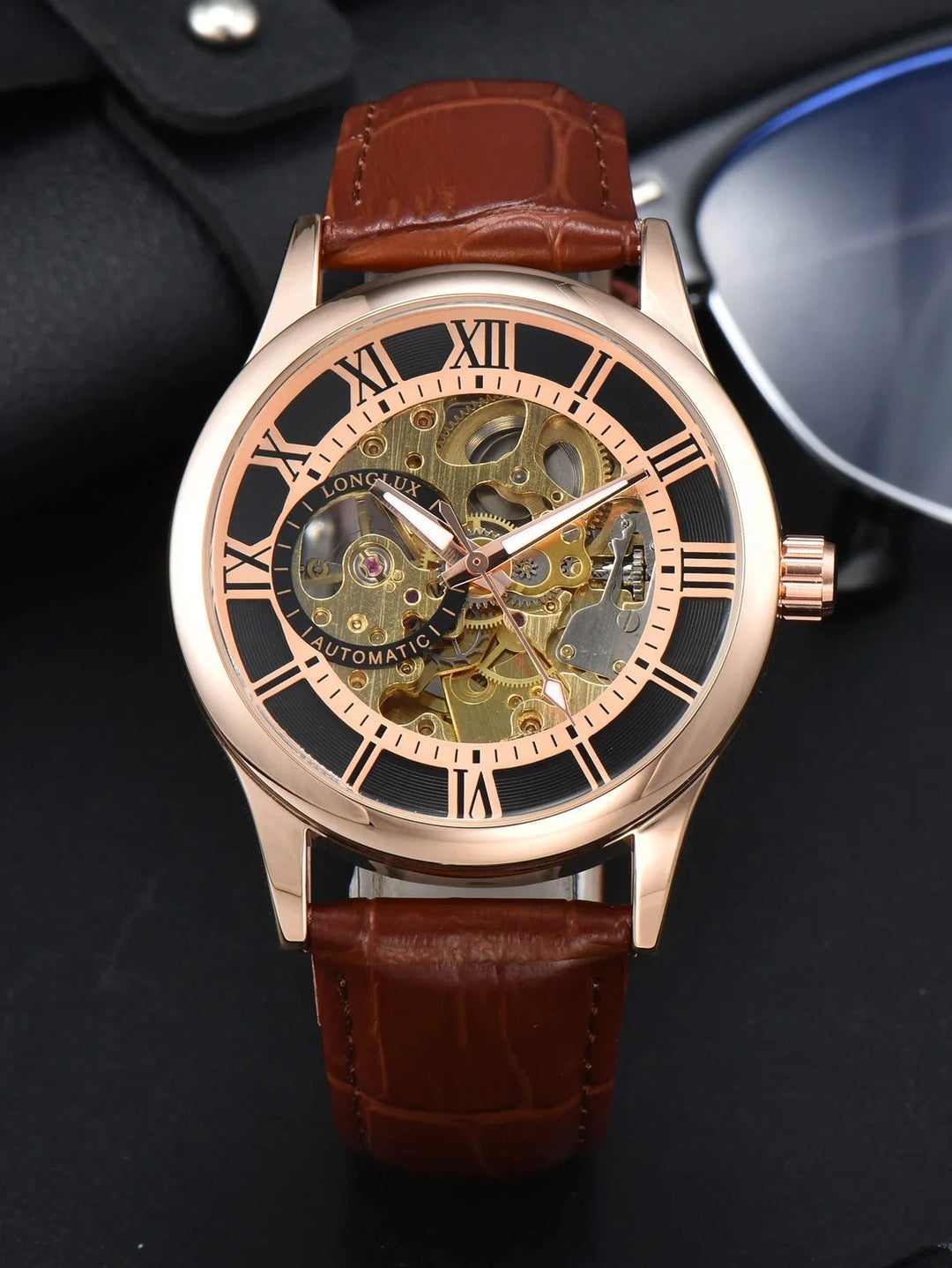 LONGLUX 8020LM Men's Automatic Skeleton Watch – Roman Numerals, Waterproof Mechanical Timepiece with Leather Strap by Luxe Ahmar – Available at LUXE AHMAR