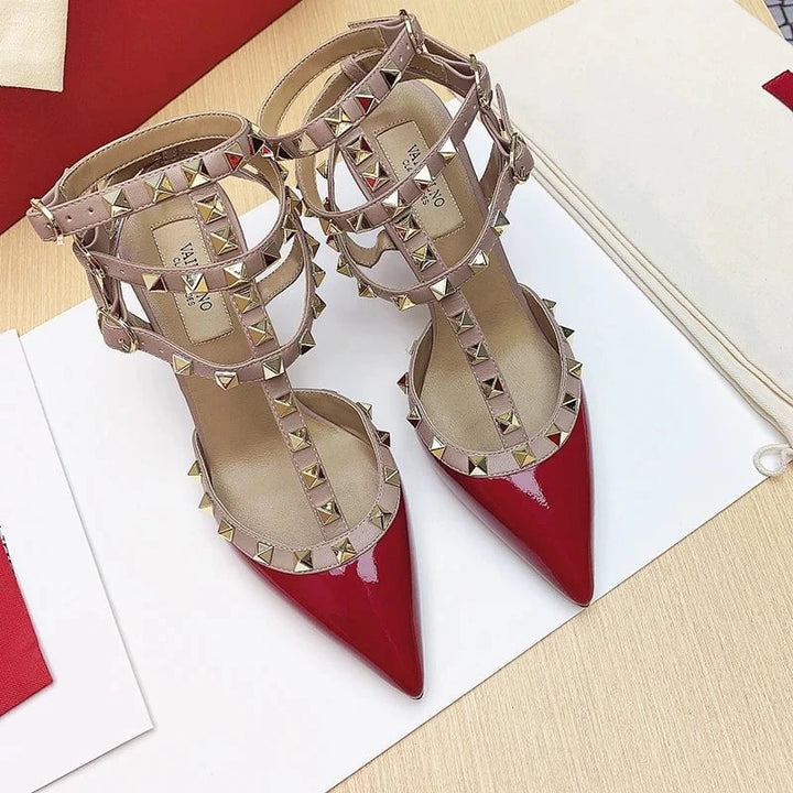 Luxury Women’s Heeled Sandals – 2024 Summer Gladiator Sandals with Rivet Details, Pointed Toe High Heel Designer Party Shoes by Luxe Ahmar – Available at LUXE AHMAR