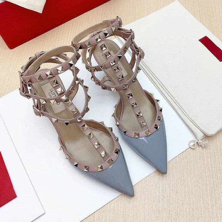 Luxury Women’s Heeled Sandals – 2024 Summer Gladiator Sandals with Rivet Details, Pointed Toe High Heel Designer Party Shoes by Luxe Ahmar – Available at LUXE AHMAR