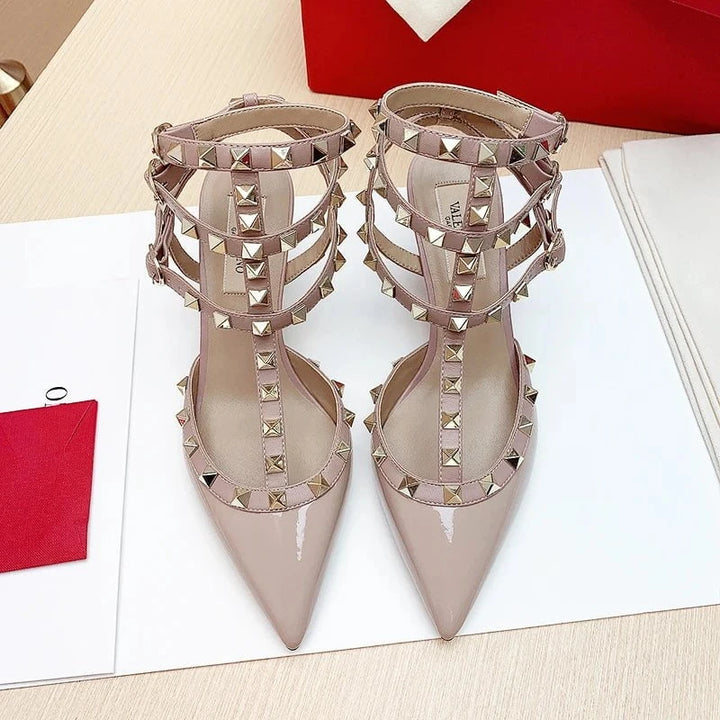 Luxury Women’s Heeled Sandals – 2024 Summer Gladiator Sandals with Rivet Details, Pointed Toe High Heel Designer Party Shoes by Luxe Ahmar – Available at LUXE AHMAR