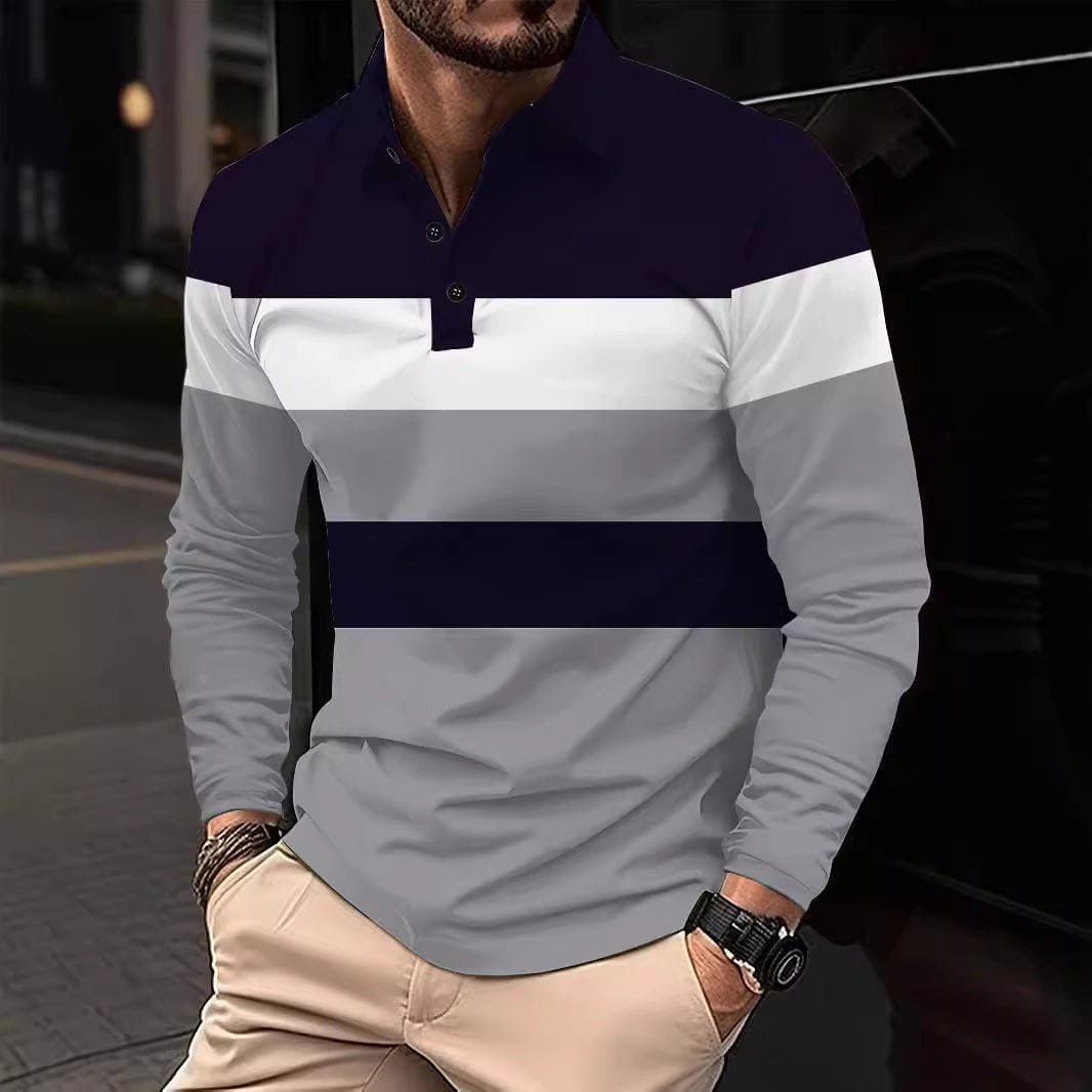 Men's 3D Digital Print Lapel T-Shirt – Striped Pullover with Button Detail by LUXE AHMAR – Available at LUXE AHMAR