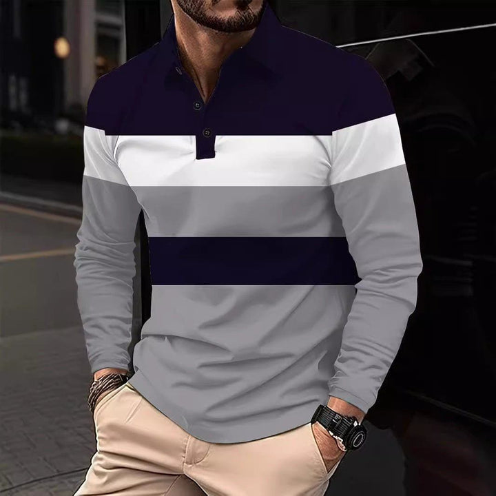 Men's 3D Digital Print Lapel T-Shirt – Striped Pullover with Button Detail by LUXE AHMAR – Available at LUXE AHMAR