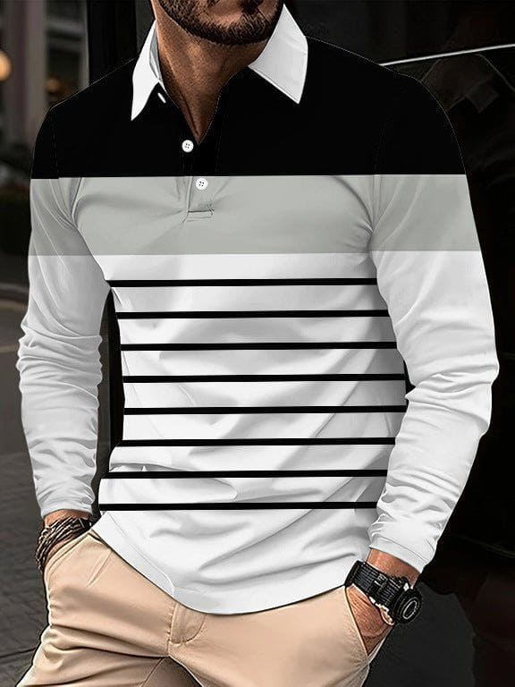 Men's 3D Digital Print Lapel T-Shirt – Striped Pullover with Button Detail by LUXE AHMAR – Available at LUXE AHMAR