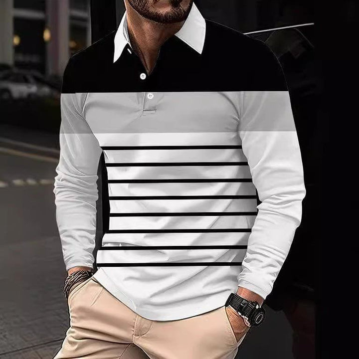 Men's 3D Digital Print Lapel T-Shirt – Striped Pullover with Button Detail by LUXE AHMAR – Available at LUXE AHMAR