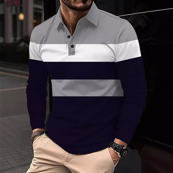 Men's 3D Digital Print Lapel T-Shirt – Striped Pullover with Button Detail by LUXE AHMAR – Available at LUXE AHMAR