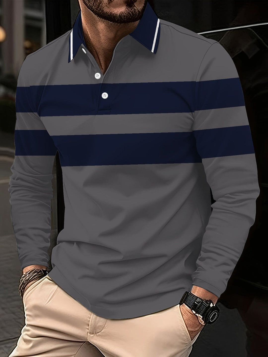 Men's 3D Digital Print Lapel T-Shirt – Striped Pullover with Button Detail by LUXE AHMAR – Available at LUXE AHMAR