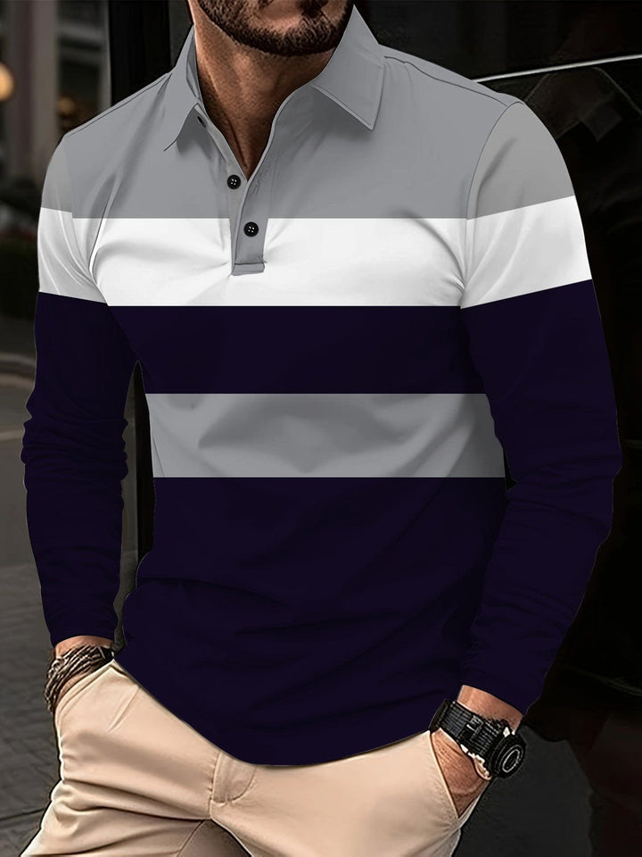 Men's 3D Digital Print Lapel T-Shirt – Striped Pullover with Button Detail by LUXE AHMAR – Available at LUXE AHMAR