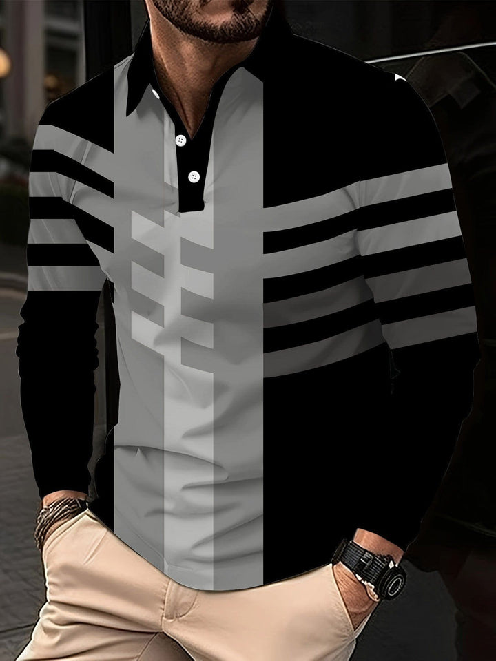 Men's 3D Digital Print Lapel T-Shirt – Striped Pullover with Button Detail by LUXE AHMAR – Available at LUXE AHMAR
