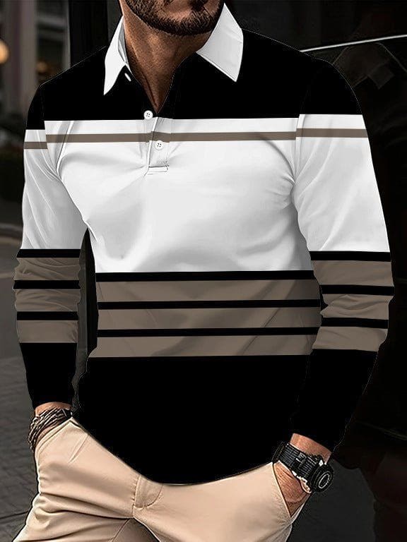Men's 3D Digital Print Lapel T-Shirt – Striped Pullover with Button Detail by LUXE AHMAR – Available at LUXE AHMAR