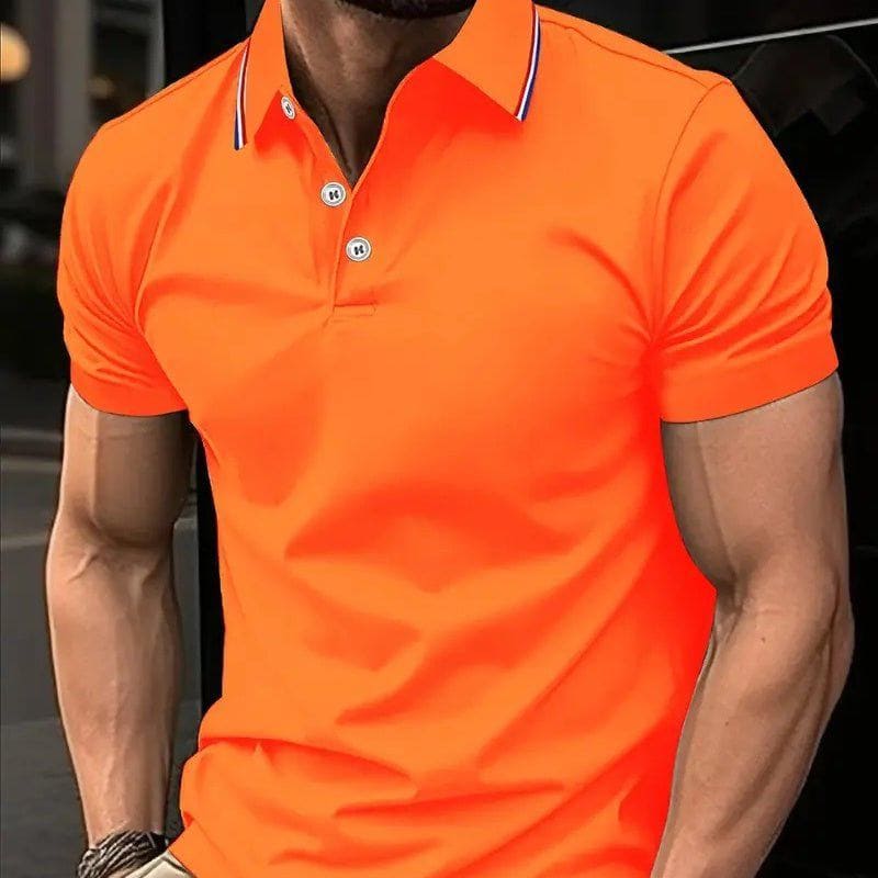 Men's Classic Fashion Plaid Striped Polo Shirt – Short Sleeve Golf Shirt in Orange by LUXE AHMAR – Available at LUXE AHMAR