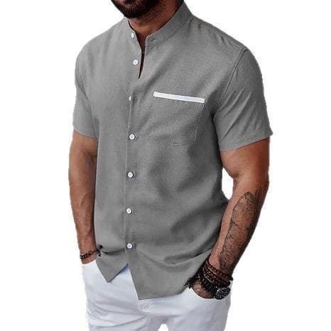 Men's Contrast Color Stand Collar Linen Shirt – Slim Fit Short Sleeve Cardigan by LUXE AHMAR – Available at LUXE AHMAR