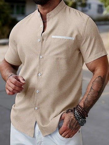 Men's Contrast Color Stand Collar Linen Shirt – Slim Fit Short Sleeve Cardigan by LUXE AHMAR – Available at LUXE AHMAR