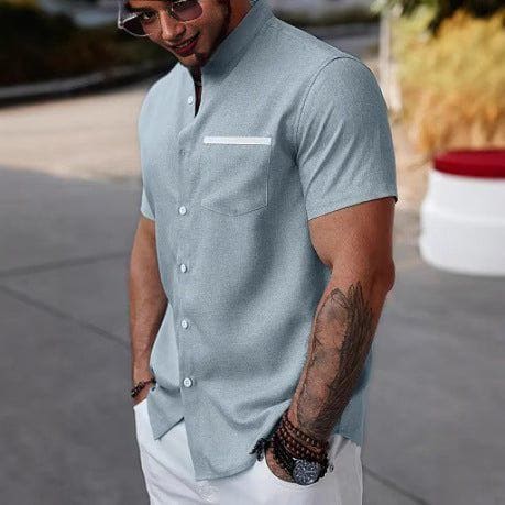 Men's Contrast Color Stand Collar Linen Shirt – Slim Fit Short Sleeve Cardigan by LUXE AHMAR – Available at LUXE AHMAR