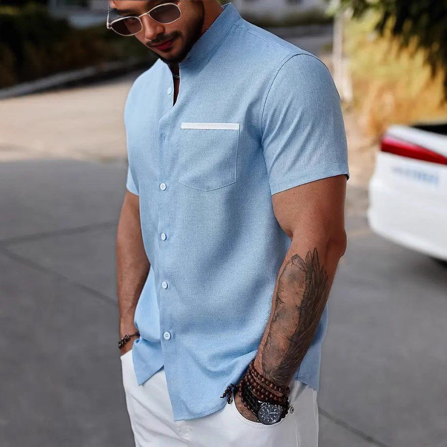 Men's Contrast Color Stand Collar Linen Shirt – Slim Fit Short Sleeve Cardigan by LUXE AHMAR – Available at LUXE AHMAR