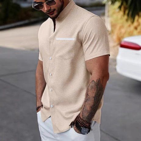 Men's Contrast Color Stand Collar Linen Shirt – Slim Fit Short Sleeve Cardigan by LUXE AHMAR – Available at LUXE AHMAR