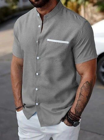 Men's Contrast Color Stand Collar Linen Shirt – Slim Fit Short Sleeve Cardigan by LUXE AHMAR – Available at LUXE AHMAR