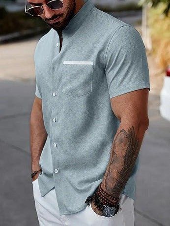 Men's Contrast Color Stand Collar Linen Shirt – Slim Fit Short Sleeve Cardigan by LUXE AHMAR – Available at LUXE AHMAR