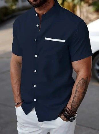 Men's Contrast Color Stand Collar Linen Shirt – Slim Fit Short Sleeve Cardigan by LUXE AHMAR – Available at LUXE AHMAR