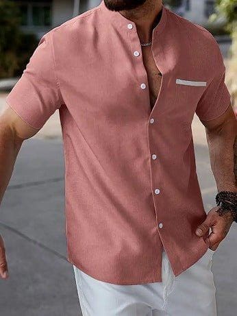 Men's Contrast Color Stand Collar Linen Shirt – Slim Fit Short Sleeve Cardigan by LUXE AHMAR – Available at LUXE AHMAR