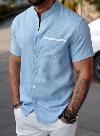 Men's Contrast Color Stand Collar Linen Shirt – Slim Fit Short Sleeve Cardigan by LUXE AHMAR – Available at LUXE AHMAR