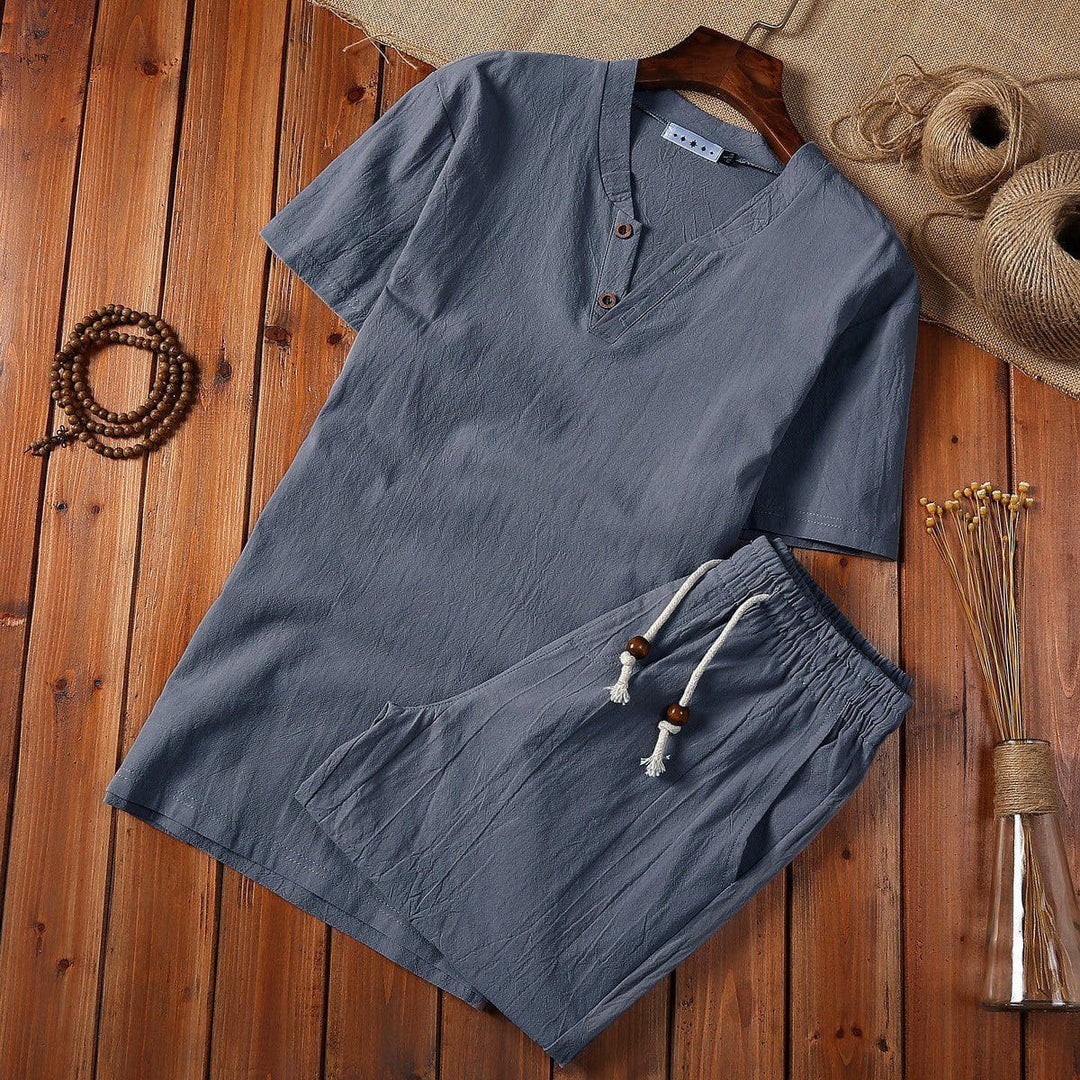 Men's Cotton Linen Buckle V - Neck Two - Piece Set – Casual Shirt & Shorts by LUXE AHMAR – Available at LUXE AHMAR
