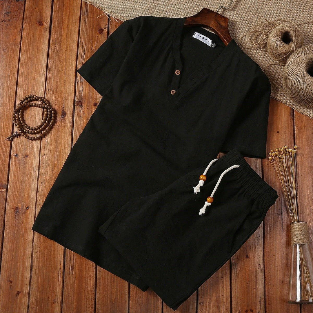 Men's Cotton Linen Buckle V - Neck Two - Piece Set – Casual Shirt & Shorts by LUXE AHMAR – Available at LUXE AHMAR