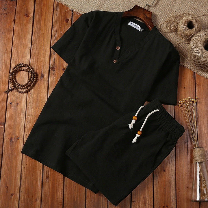 Men's Cotton Linen Buckle V - Neck Two - Piece Set – Casual Shirt & Shorts by LUXE AHMAR – Available at LUXE AHMAR
