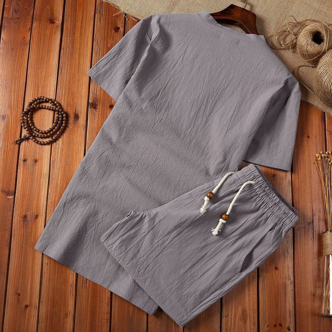 Men's Cotton Linen Buckle V - Neck Two - Piece Set – Casual Shirt & Shorts by LUXE AHMAR – Available at LUXE AHMAR
