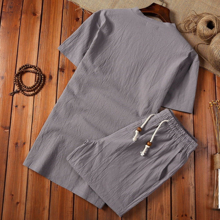 Men's Cotton Linen Buckle V - Neck Two - Piece Set – Casual Shirt & Shorts by LUXE AHMAR – Available at LUXE AHMAR