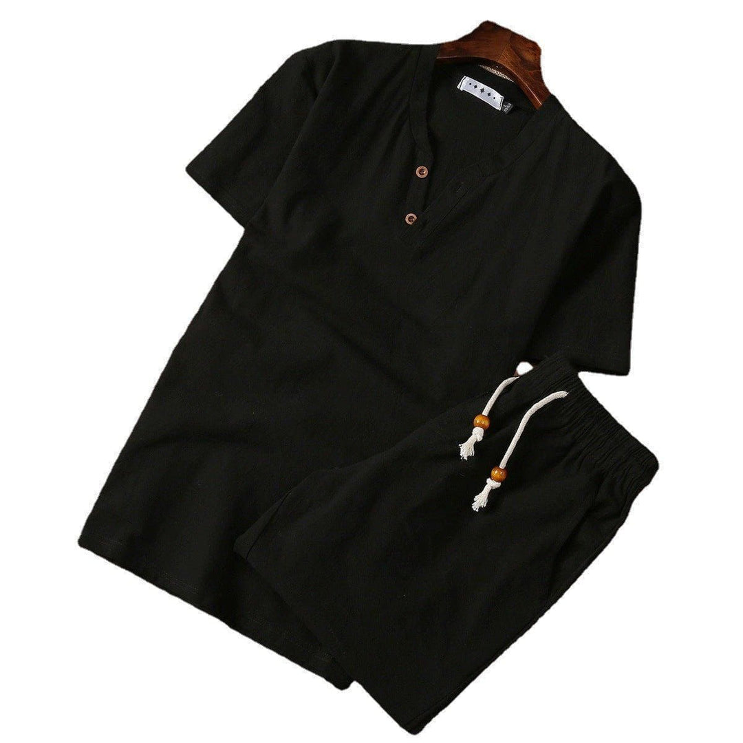 Men's Cotton Linen Buckle V - Neck Two - Piece Set – Casual Shirt & Shorts by LUXE AHMAR – Available at LUXE AHMAR