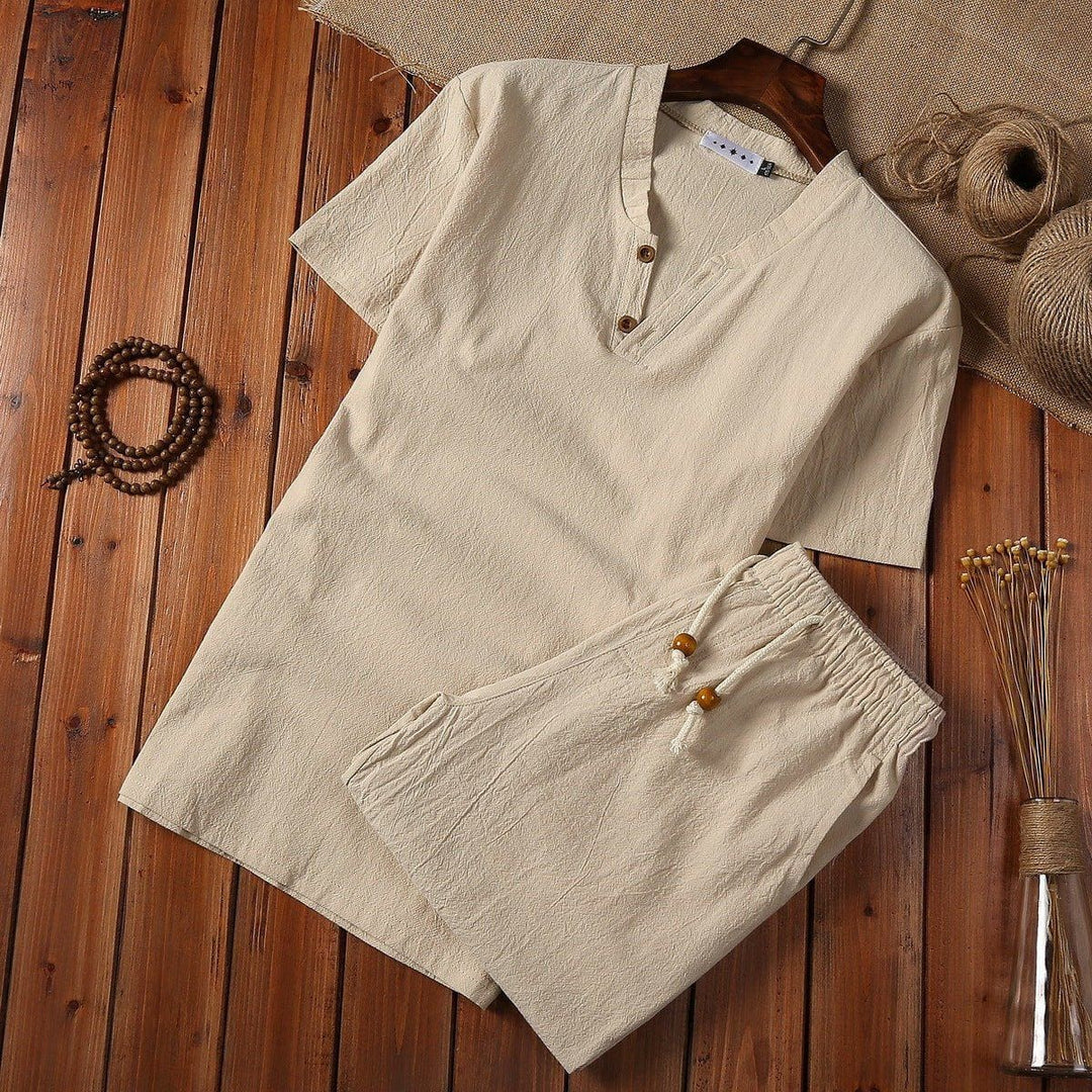 Men's Cotton Linen Buckle V - Neck Two - Piece Set – Casual Shirt & Shorts by LUXE AHMAR – Available at LUXE AHMAR
