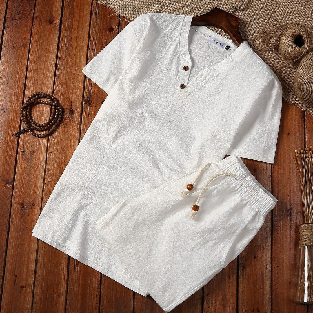Men's Cotton Linen Buckle V - Neck Two - Piece Set – Casual Shirt & Shorts by LUXE AHMAR – Available at LUXE AHMAR
