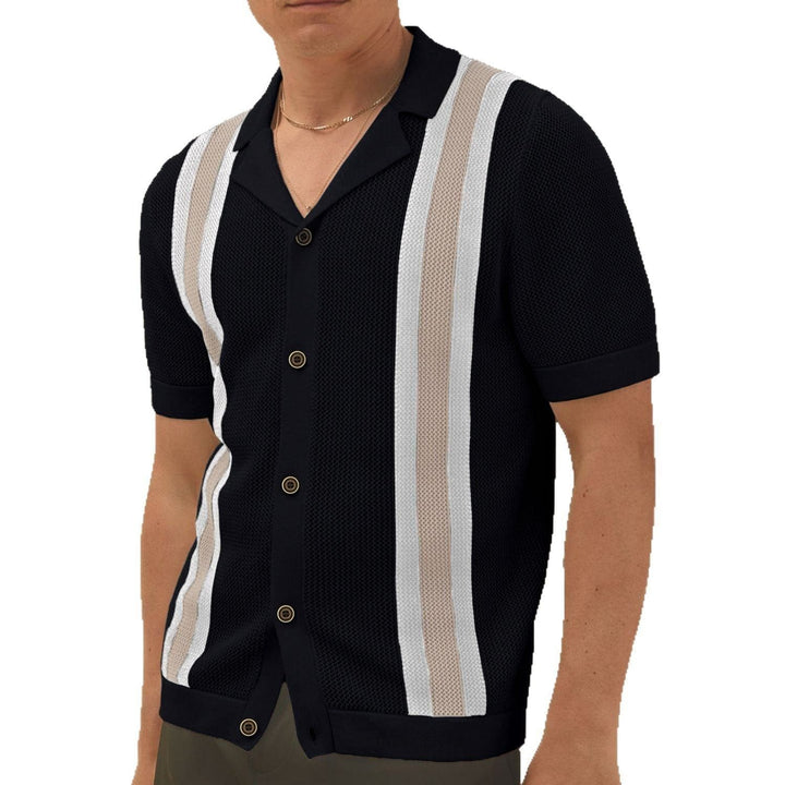 Men's Fashion Cuban Collar Short Sleeve Knitted Cardigan – Casual Color - Blocked Summer Top by LUXE AHMAR – Available at LUXE AHMAR