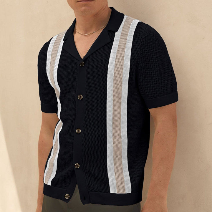 Men's Fashion Cuban Collar Short Sleeve Knitted Cardigan – Casual Color - Blocked Summer Top by LUXE AHMAR – Available at LUXE AHMAR