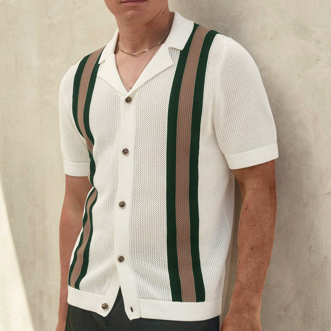 Men's Fashion Cuban Collar Short Sleeve Knitted Cardigan – Casual Color - Blocked Summer Top by LUXE AHMAR – Available at LUXE AHMAR