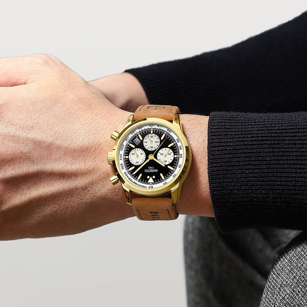 Men’s Fashion Quartz Watch – Leather Strap & Sporty Elegance in Gold, Steel & Brown Tones by LUXE AHMAR – Available at LUXE AHMAR