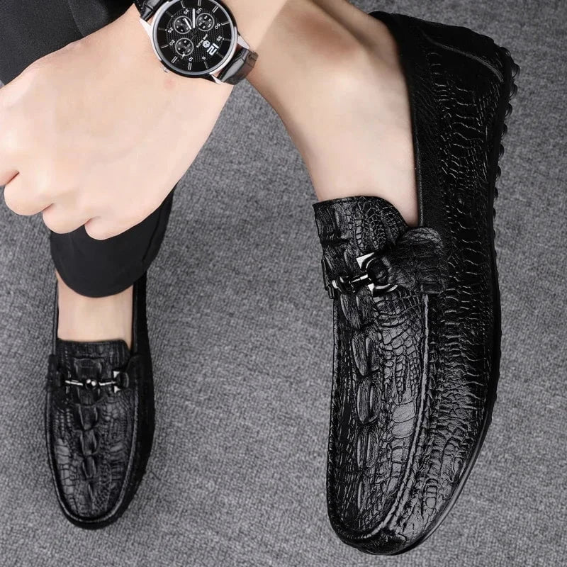 Men's Genuine Leather Loafers - Italian Handmade Black Formal Slip - On Shoes with Crocodile Pattern for Casual and Office Wear by Luxe Ahmar – Available at LUXE AHMAR