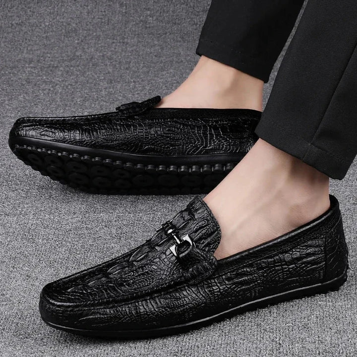 Men's Genuine Leather Loafers - Italian Handmade Black Formal Slip - On Shoes with Crocodile Pattern for Casual and Office Wear by Luxe Ahmar – Available at LUXE AHMAR
