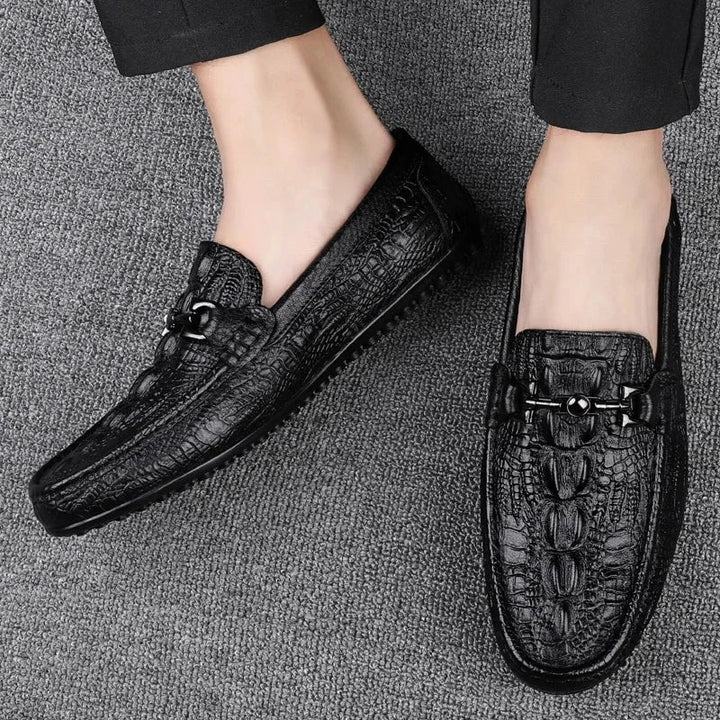 Men's Genuine Leather Loafers - Italian Handmade Black Formal Slip - On Shoes with Crocodile Pattern for Casual and Office Wear by Luxe Ahmar – Available at LUXE AHMAR