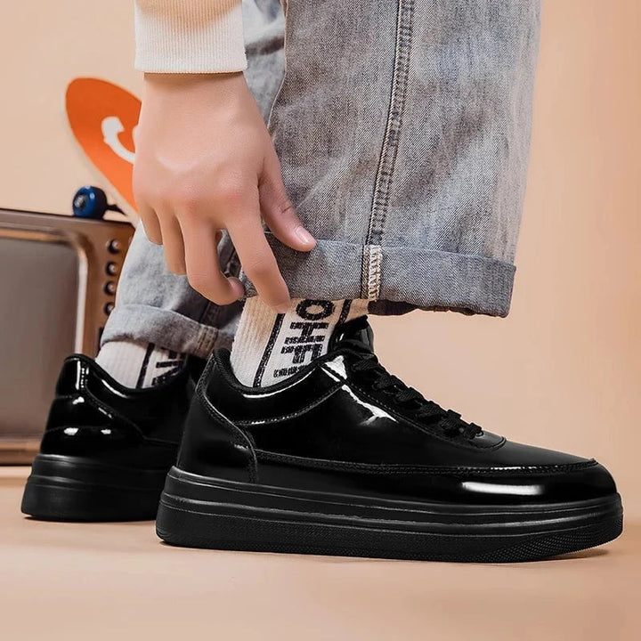 Men's Glossy Patent Leather Casual Sneakers – Height Increasing Vulcanized Skate by Luxe Ahmar – Available at LUXE AHMAR