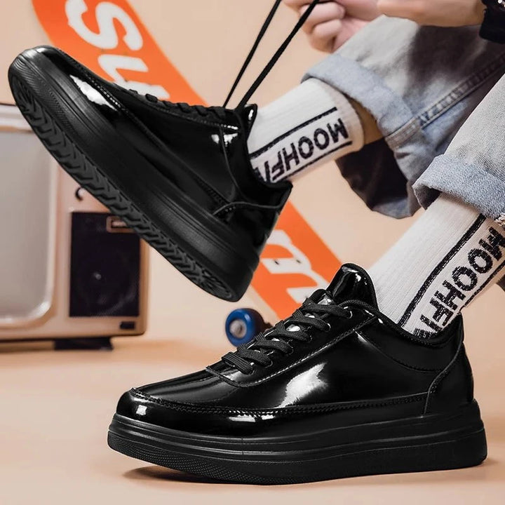 Men's Glossy Patent Leather Casual Sneakers – Height Increasing Vulcanized Skate by Luxe Ahmar – Available at LUXE AHMAR
