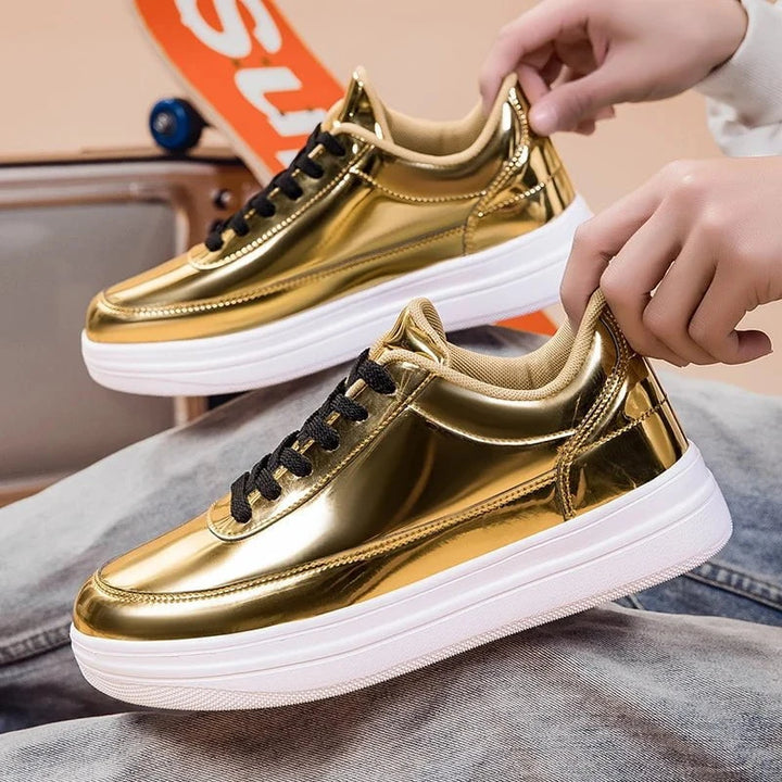 Men's Glossy Patent Leather Casual Sneakers – Height Increasing Vulcanized Skate by Luxe Ahmar – Available at LUXE AHMAR