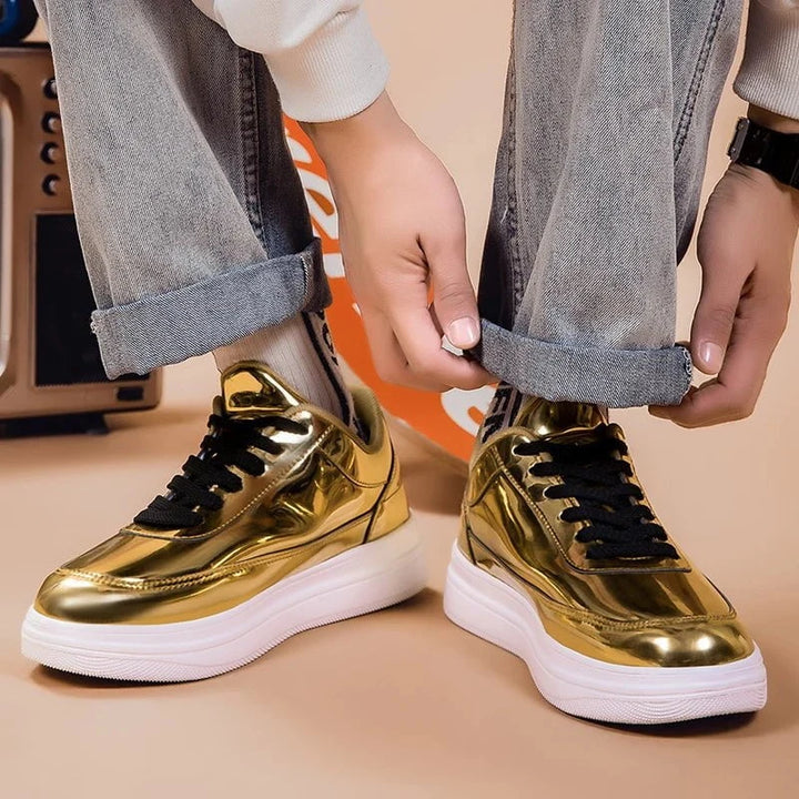 Men's Glossy Patent Leather Casual Sneakers – Height Increasing Vulcanized Skate by Luxe Ahmar – Available at LUXE AHMAR