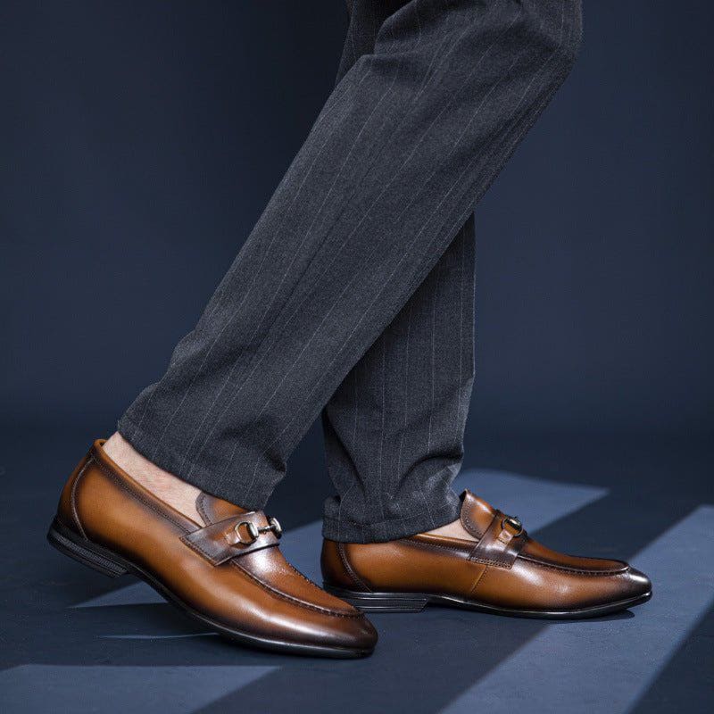 Men’s Handmade Formal Business Leather Shoes – Low Top Cowhide, Breathable & Durable, Horse Head Buckle Detail by LUXE AHMAR – Available at LUXE AHMAR